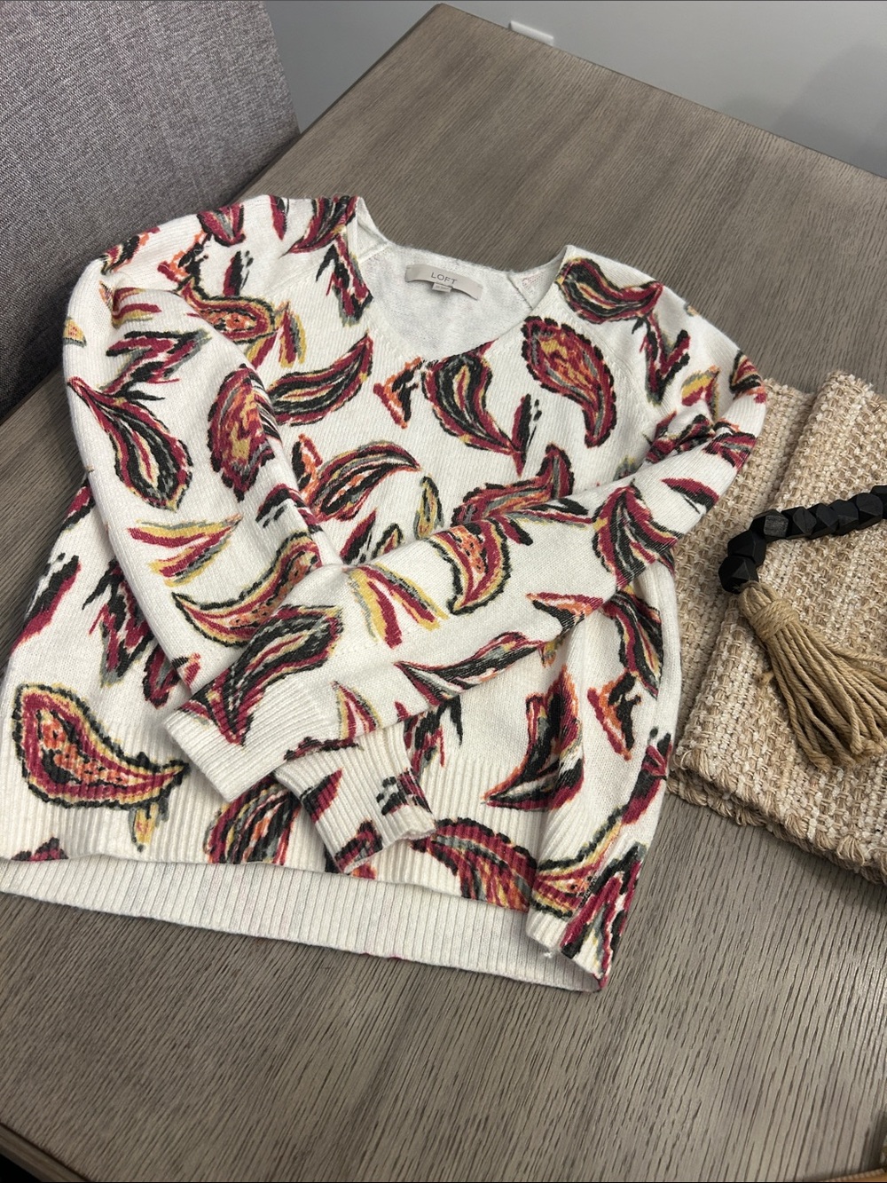 LOFT Cream V-Neck Sweater with Red, Pink and Yellow Paisley Motif